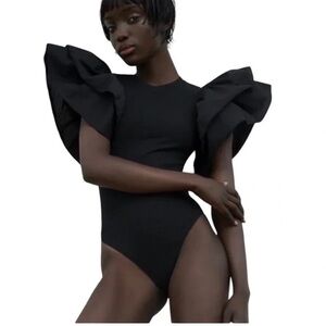 Zara Black Ruffled Sleeve Bodysuit